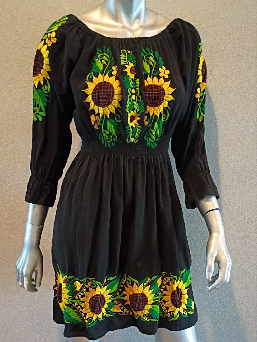 Sunflower Artisan-Embroidered Boho   Black Cotton Mini Dress Sz Med - Picture 12 of 12